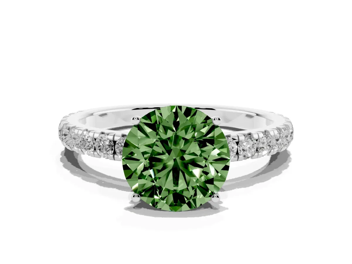 Fancy Green Round Cut Diamond Pavé Solitaire Engagement Ring with Four-Prong Setting Silver