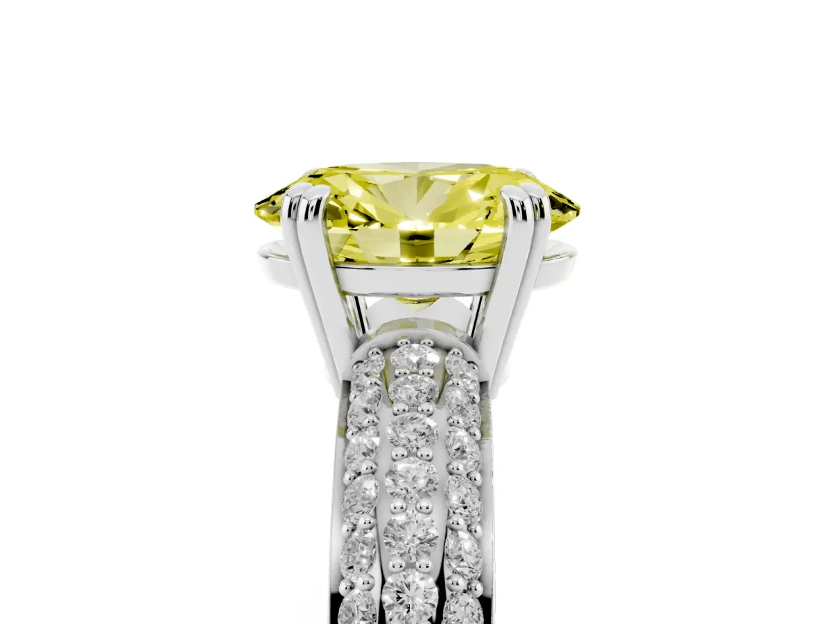 Fancy Yellow Oval Cut Diamond Solitaire Ring with Multi-Row Round Pavé Band and Prong Setting Silver