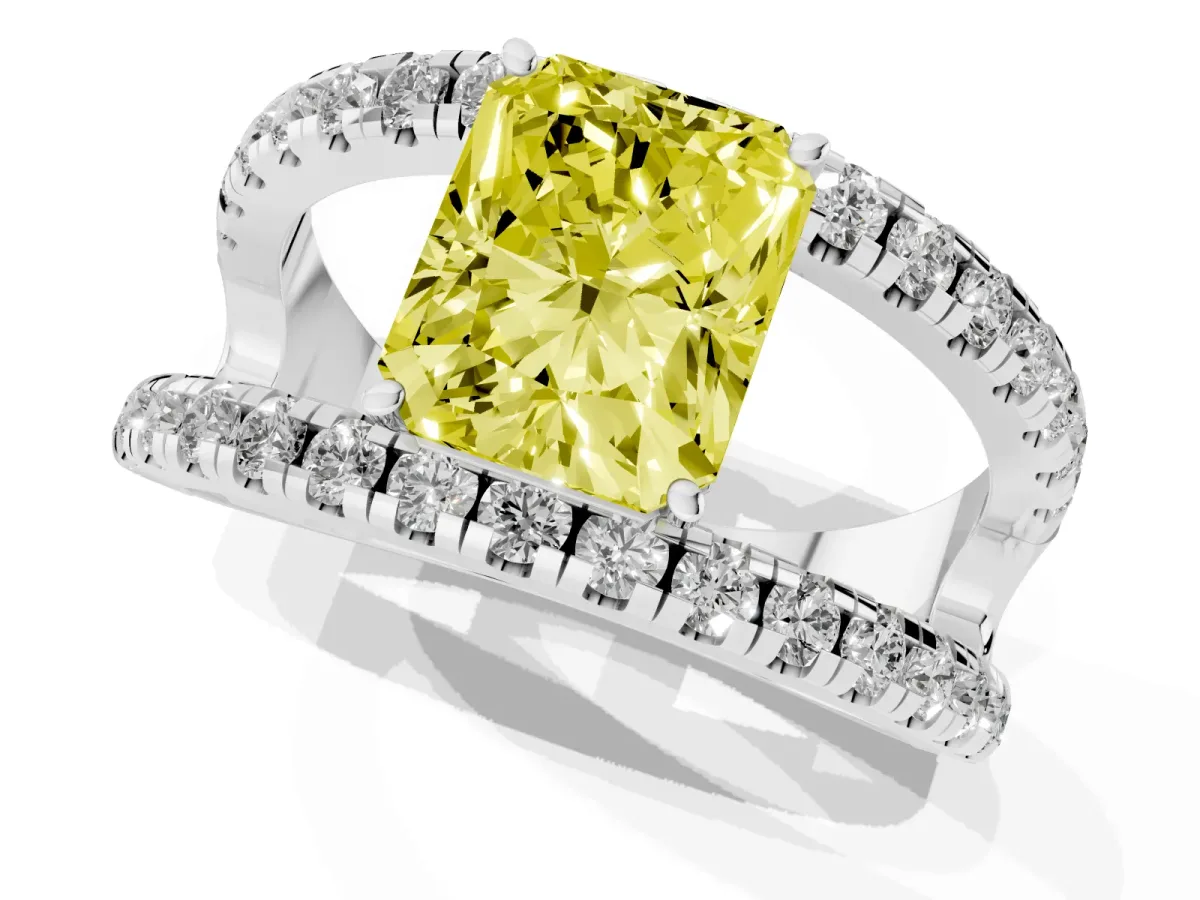 Fancy Yellow Radiant Cut Solitaire Split Shank Pave Diamond Ring Platinum