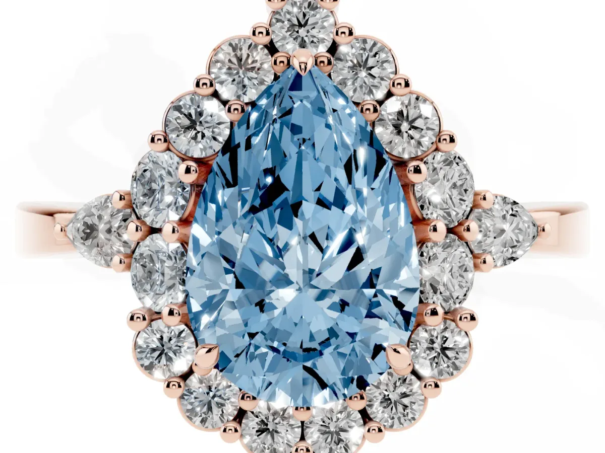 Fancy Blue Pear Cut Diamond Halo Ring with Pear Side Stones and Prong Setting Rose gold