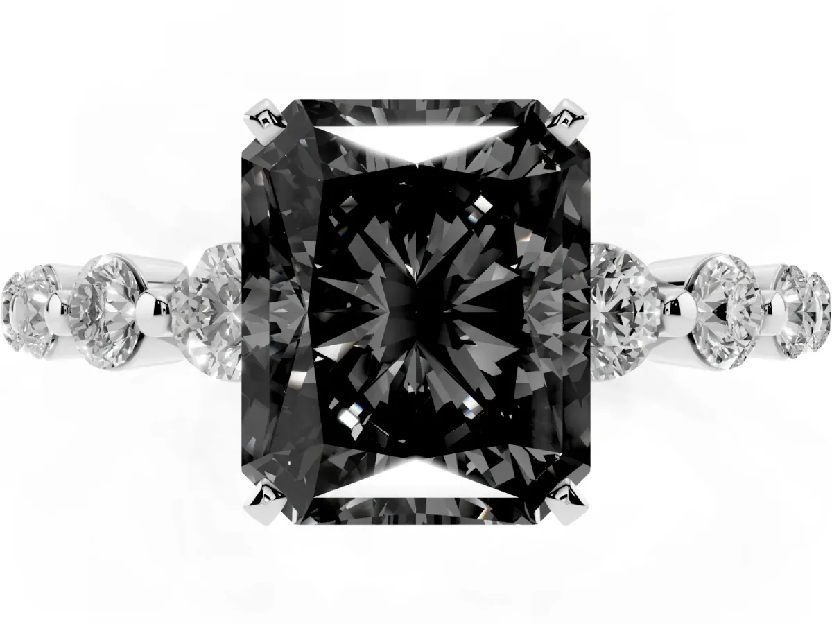 Fancy Black Radiant Cut Solitaire Diamond Ring with Pave Band and Four-Prong Setting Silver