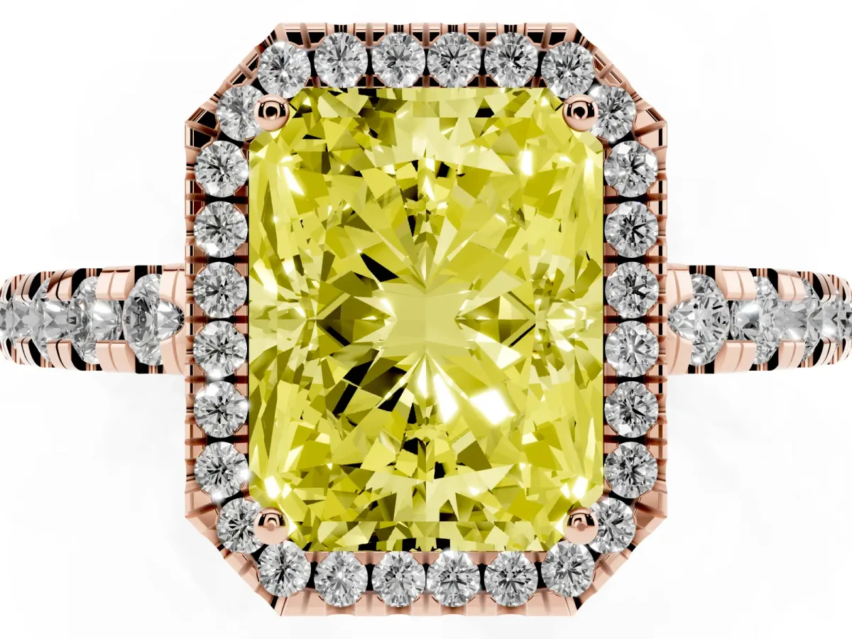 Fancy Yellow Radiant Cut Diamond Halo Ring with Pavé Band and Four-Prong Setting Rose gold