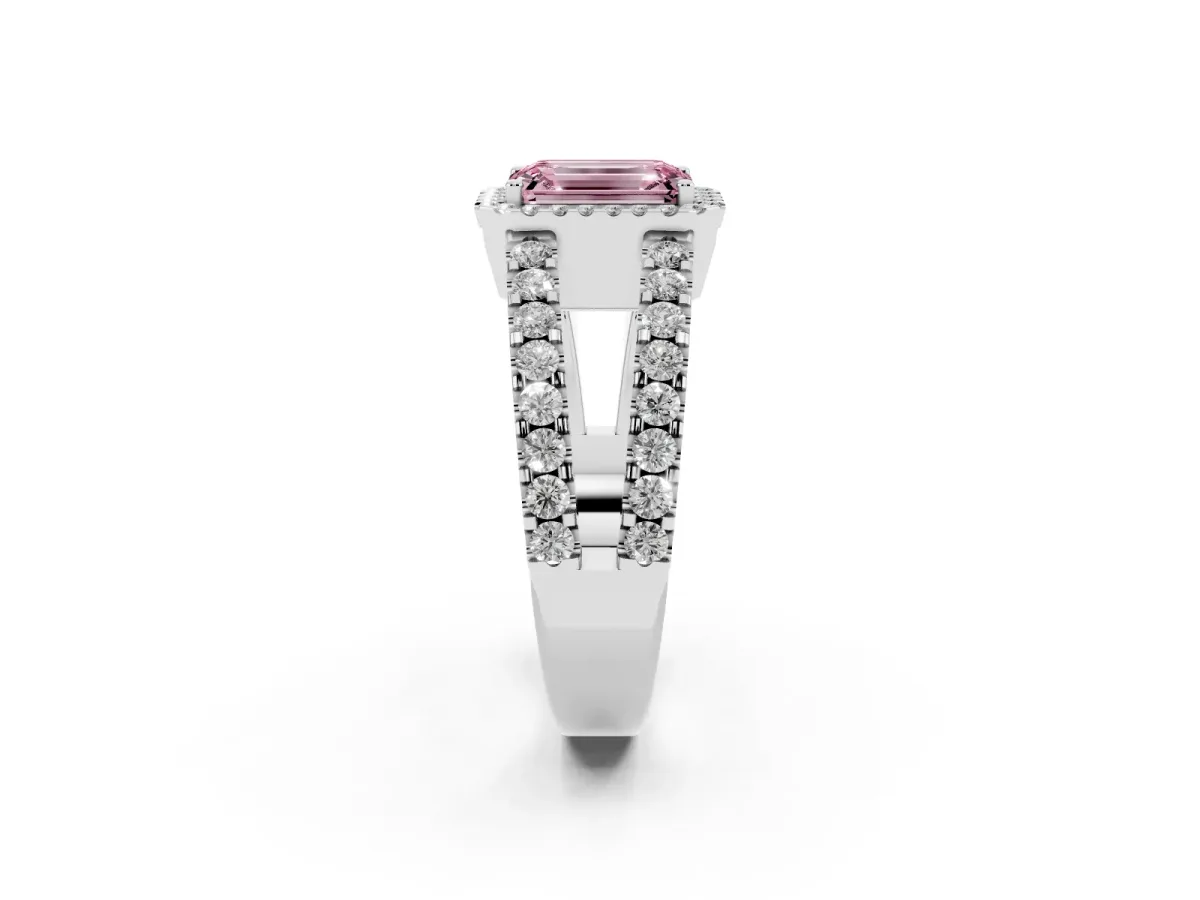 Fancy Pink Emerald Cut Cut Halo Split Shank Diamond Ring with Four-Prong Setting Silver