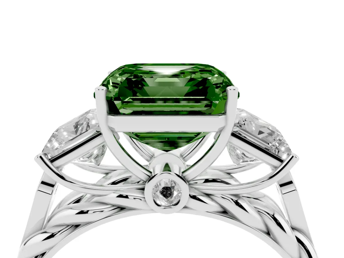 Fancy Green Three-Stone Asscher Cut Diamond Braided Band Ring with Four-Prong Setting Platinum