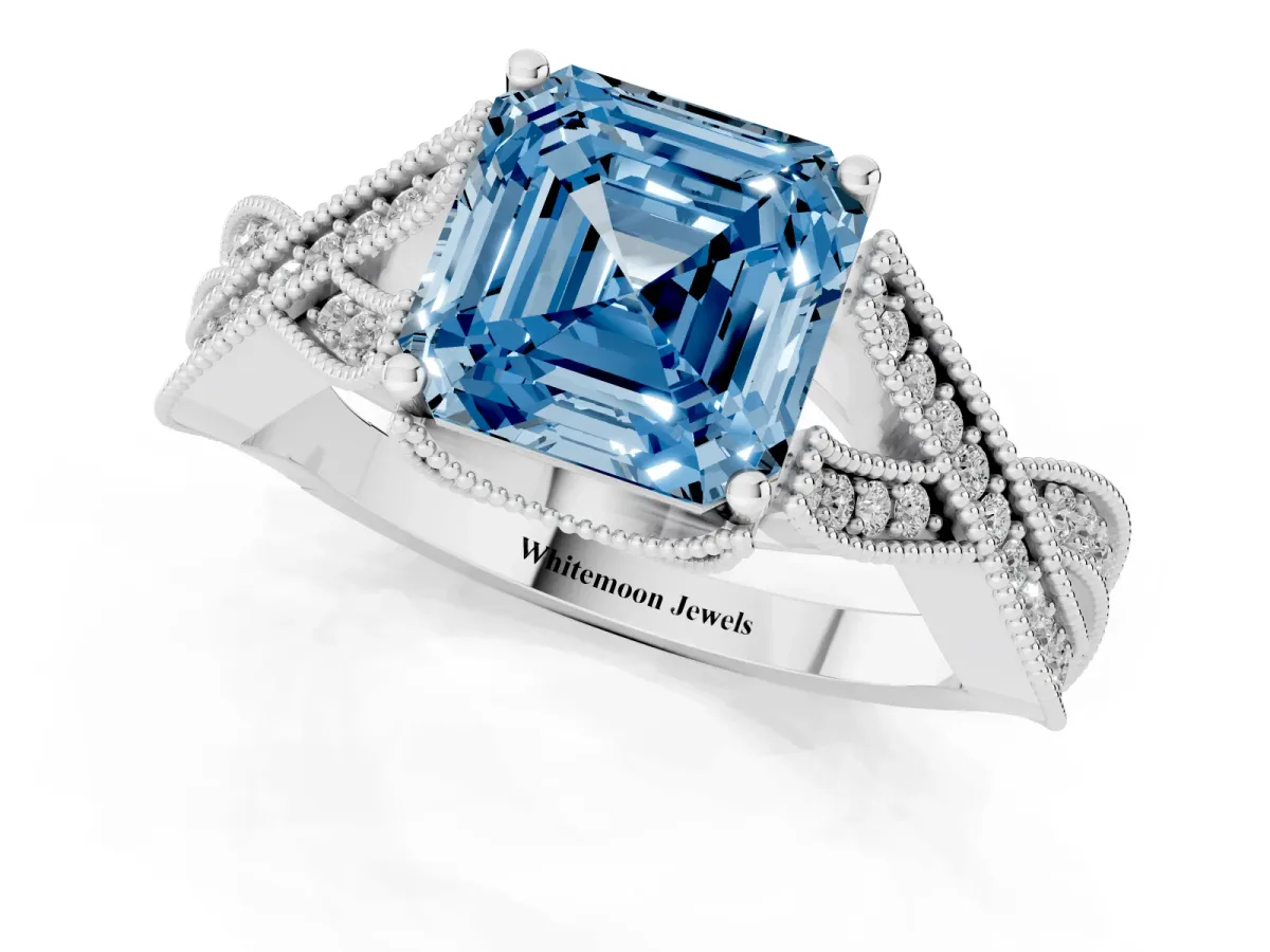 Fancy Blue Asscher Cut Cut Diamond Twisted Band with Milgrain Pave Setting and Four-Prong Setting Silver