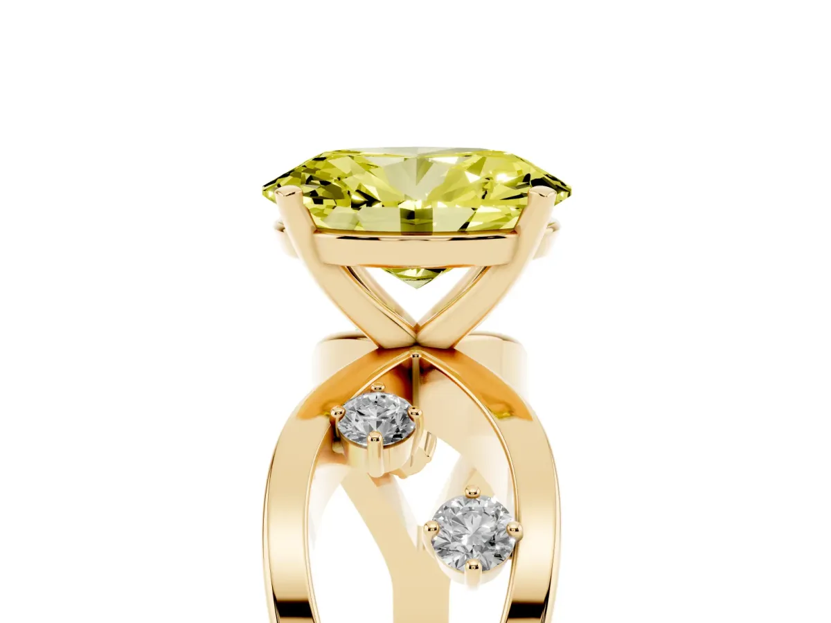Fancy Yellow Oval Cut Cut Solitaire Diamond with Side Stones on Criss-Cross Band and Four-Prong Setting Yellow gold
