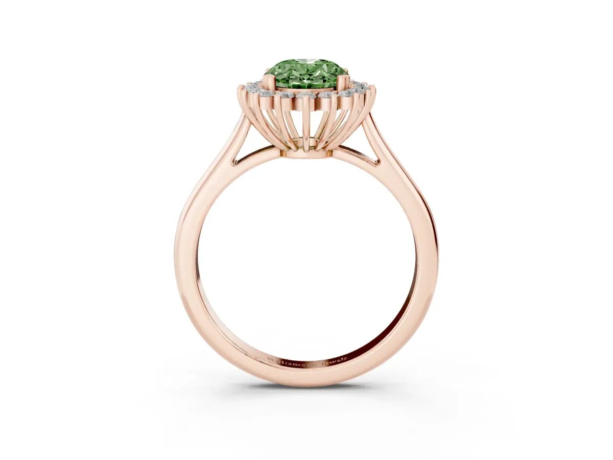 Fancy Green Oval Cut Cut Diamond Halo Ring with Solitaire Band and Prong Setting Rose gold