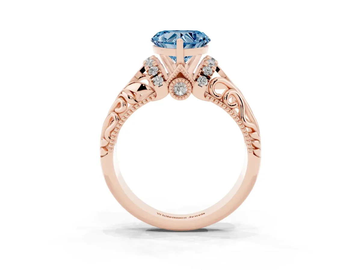 Fancy Blue Heart Cut Solitaire Filigree Engagement Ring with Halo and Prong Setting Rose gold
