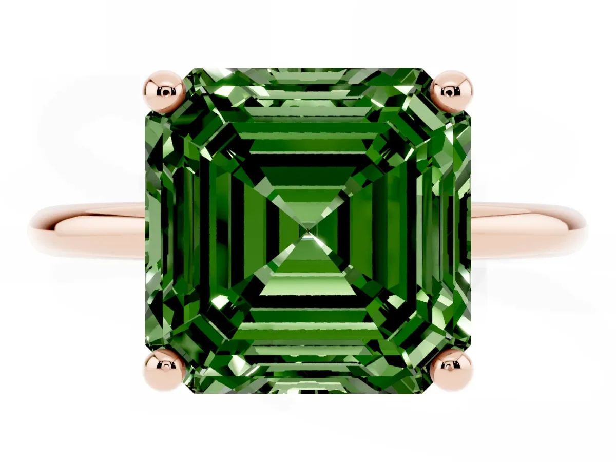 Fancy Green Asscher Cut Solitaire Diamond Ring with 4-Prong Setting on a Classic Band Rose gold
