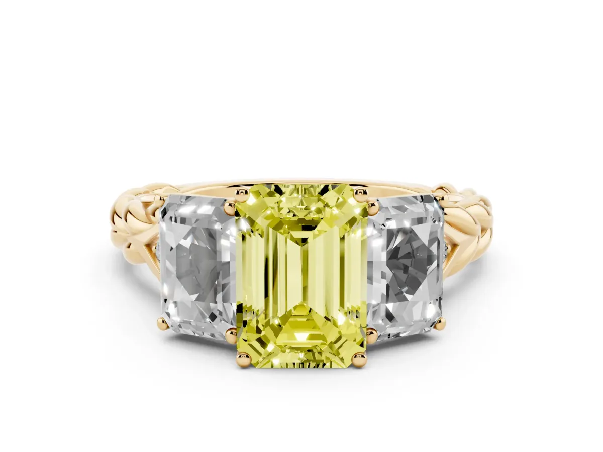 Fancy Yellow Three-Stone Emerald Cut Diamond Braided Band Ring with Four-Prong Setting Yellow gold