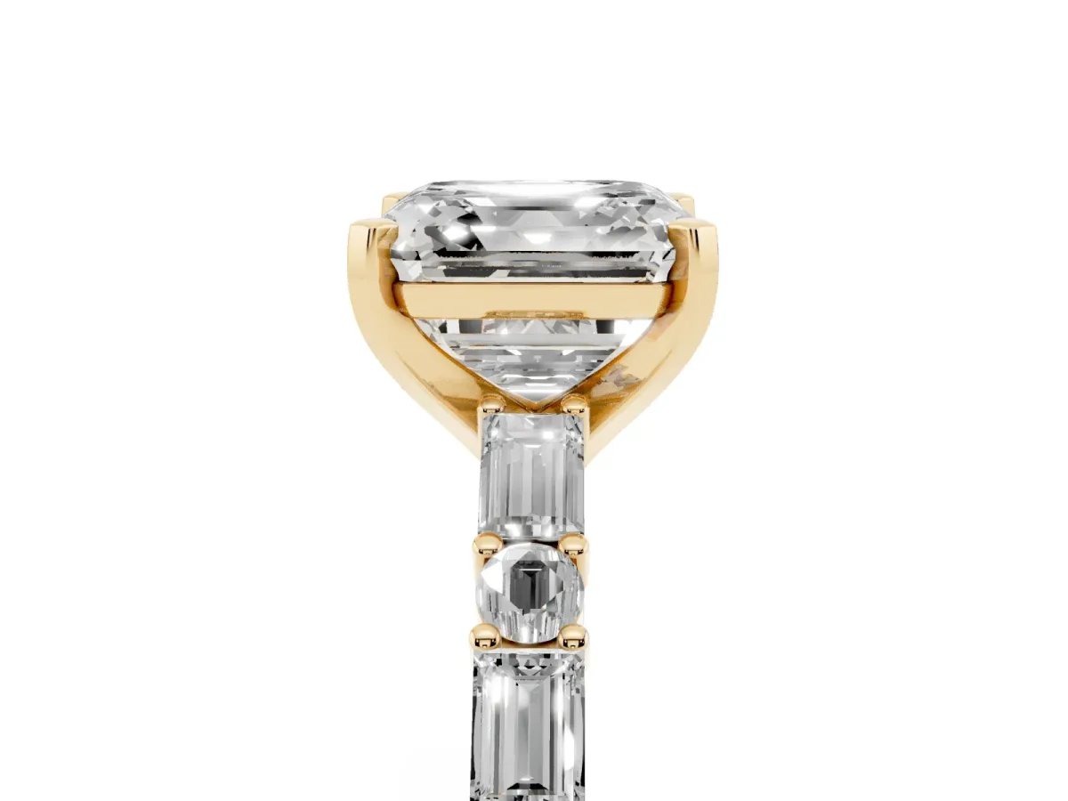 Asscher Cut Diamond Solitaire with Side Baguettes and Channel Set Band Yellow gold
