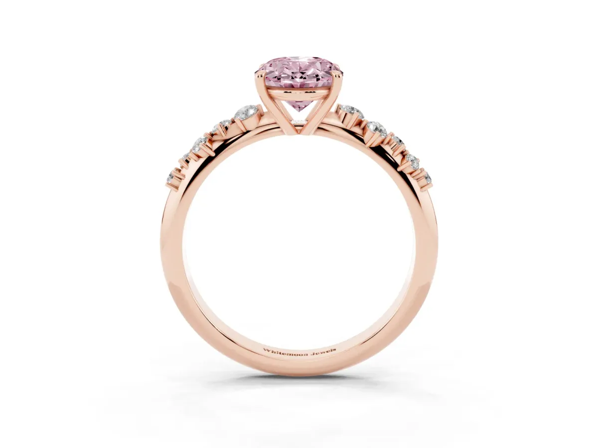 Fancy Pink Oval Cut Diamond Cluster Side Stone Solitaire Ring with Prong Setting Rose gold