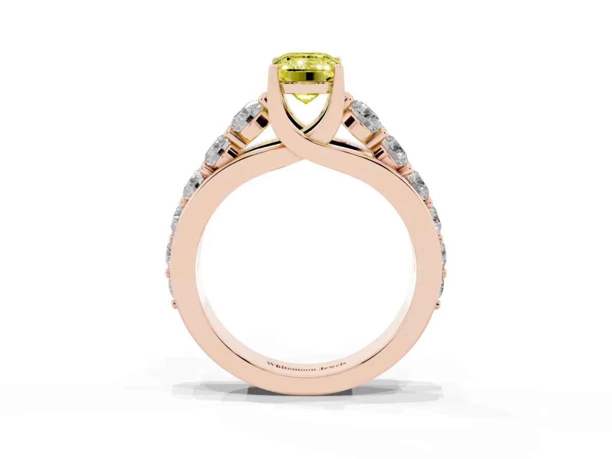 Fancy Yellow Emerald Cut Diamond Engagement Ring with Pavé Band and Four-Prong Setting Rose gold