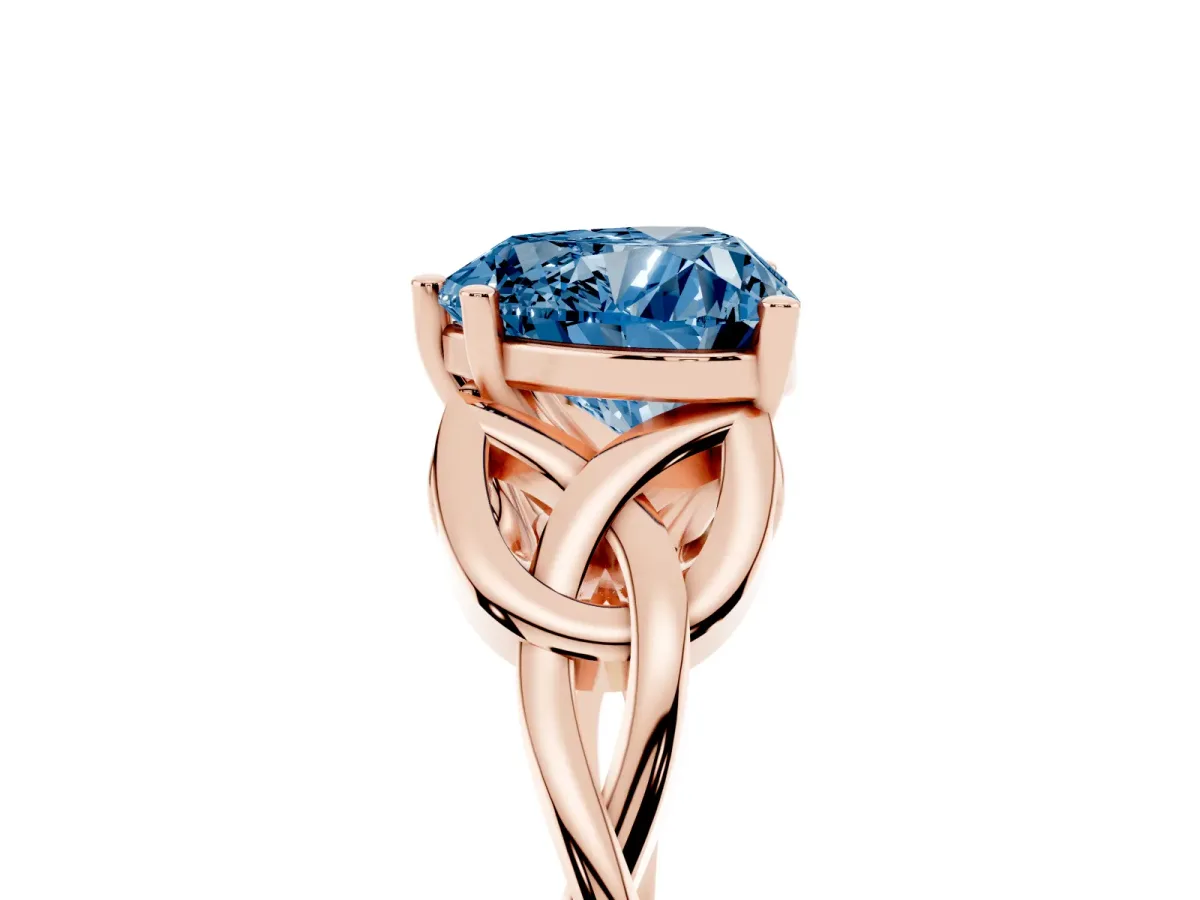 Fancy Blue Heart Cut Diamond Solitaire Engagement Ring with Celtic Knot Band and Four-Prong Setting Rose gold