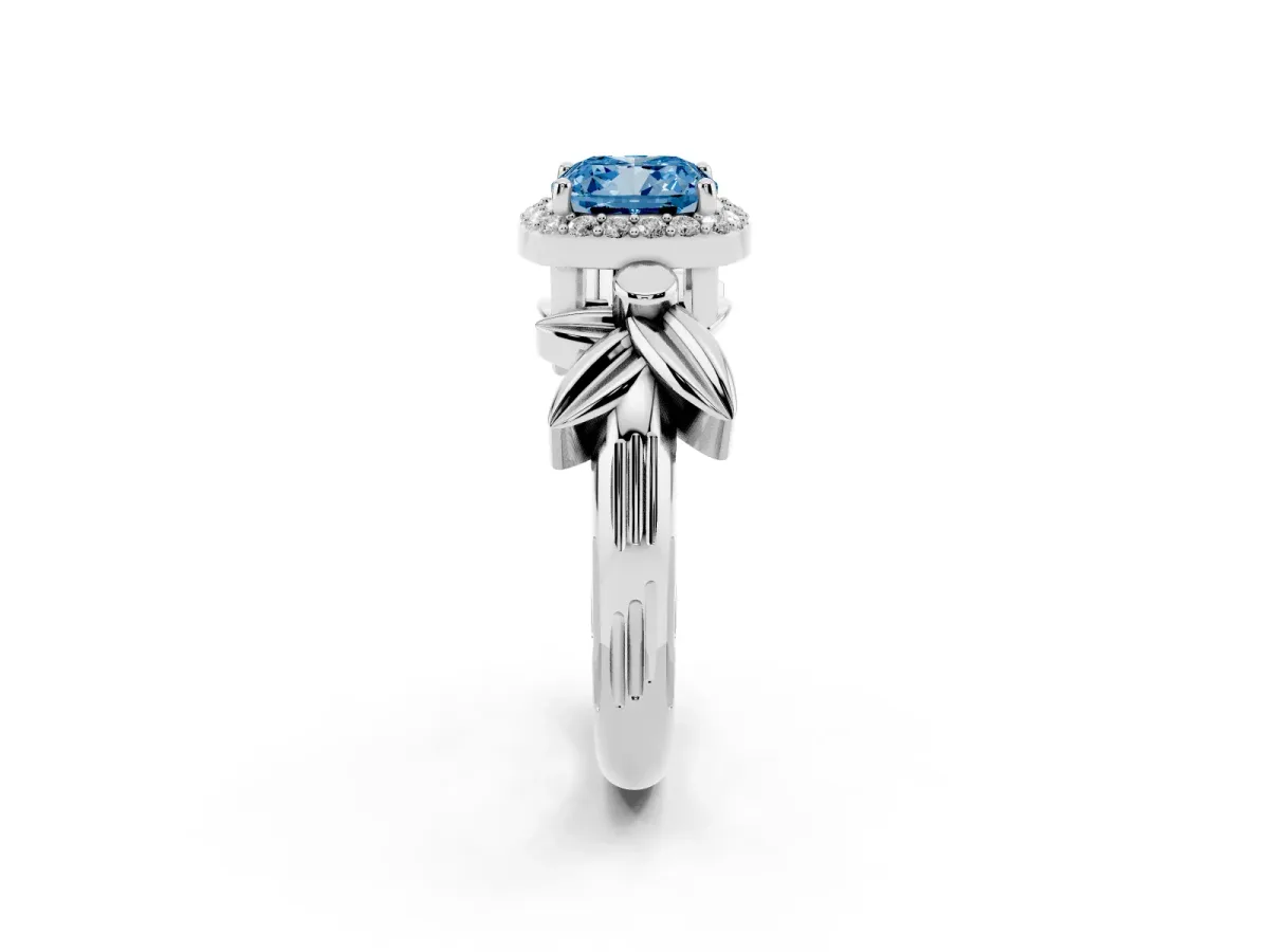 Fancy Blue Cushion Cut Halo Diamond Floral Band with Four-Prong Setting Silver