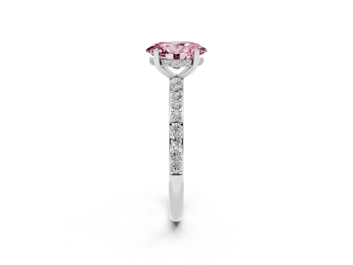 Fancy Pink Oval Cut Cut Diamond Pavé Band Ring with Four-Prong Setting Silver