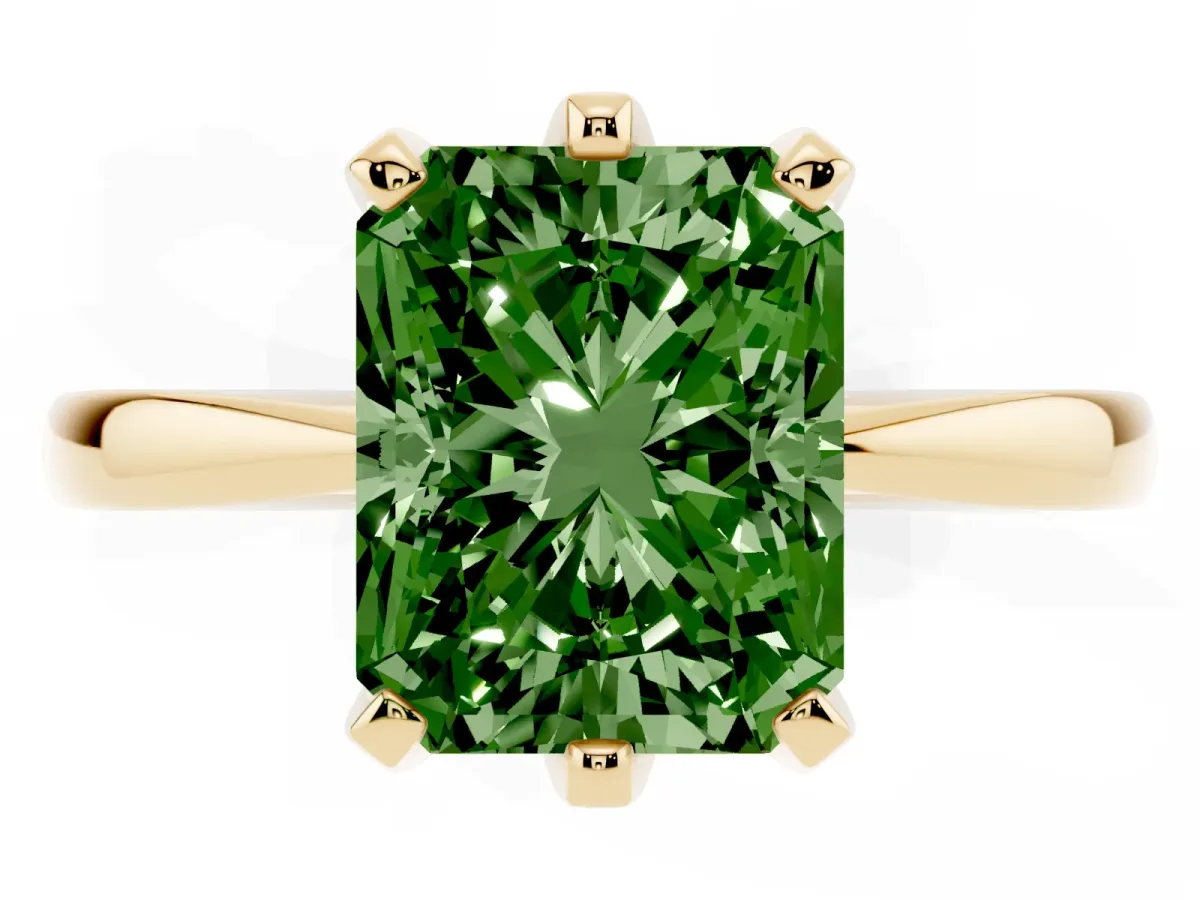 Fancy Green Radiant Cut Solitaire Engagement Ring with Six-Prong Setting and Tapered Band Yellow gold