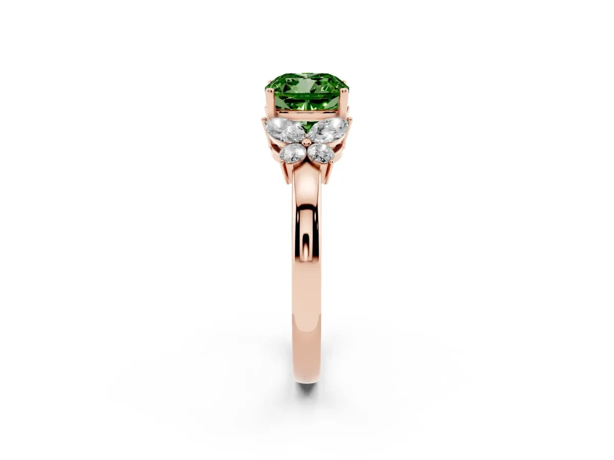 Fancy Green Cushion Cut Cut Solitaire Floral Diamond Ring with Four-Prong Setting Rose gold