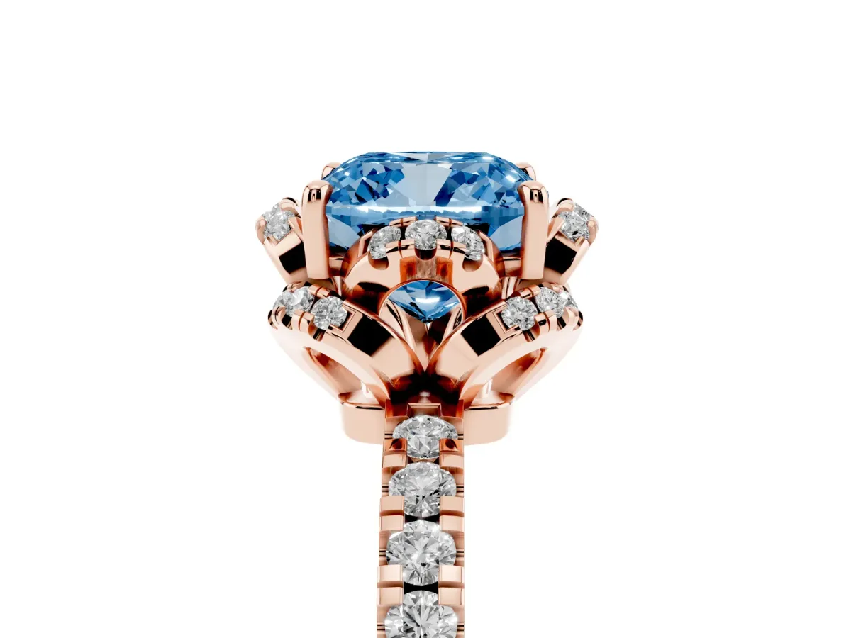 Fancy Blue Cushion Cut Diamond Halo Pave Band with Four-Prong Setting Rose gold