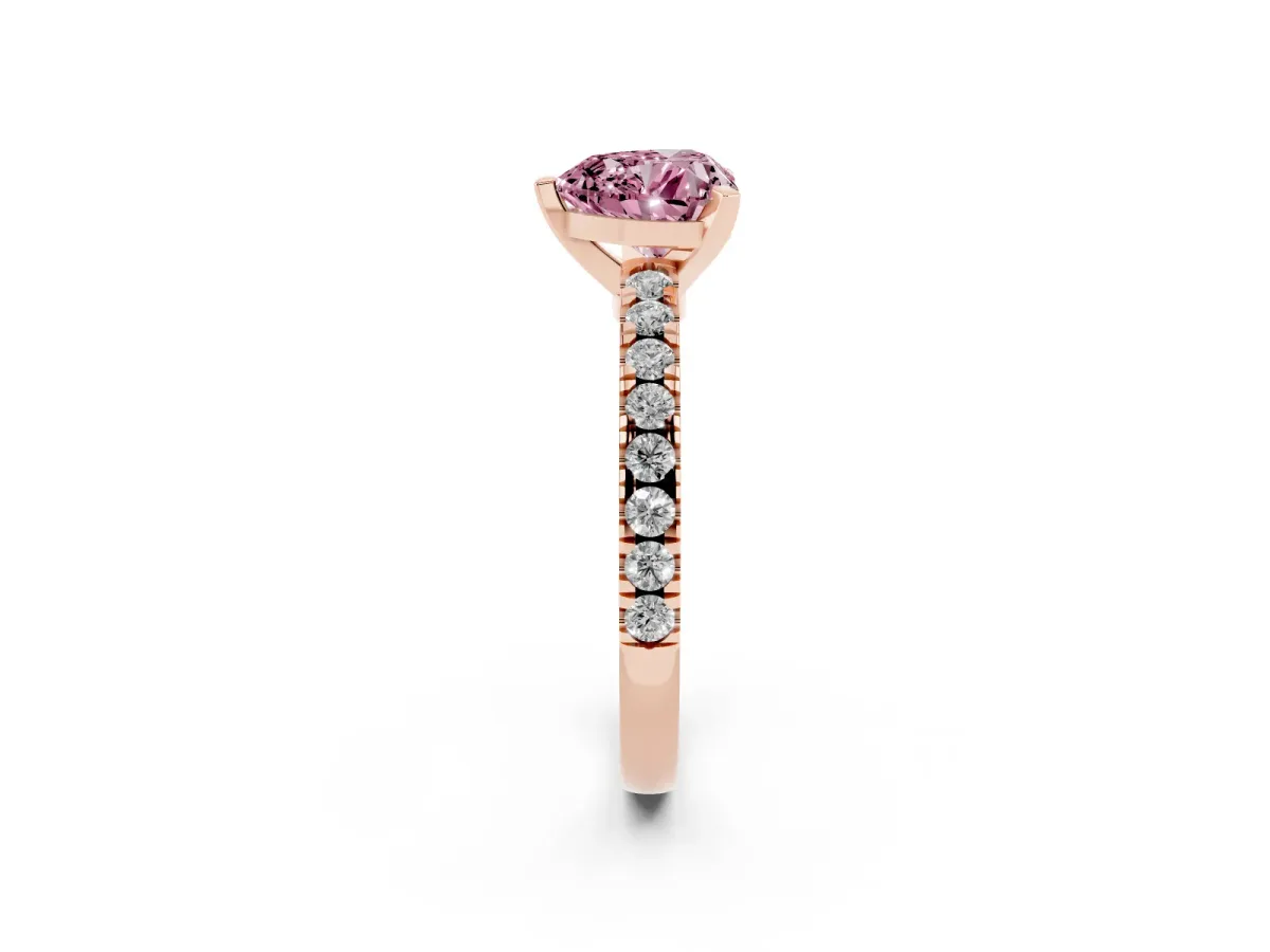 Fancy Pink Heart Cut Solitaire Diamond with Pavé Band and Four-Prong Setting Rose gold