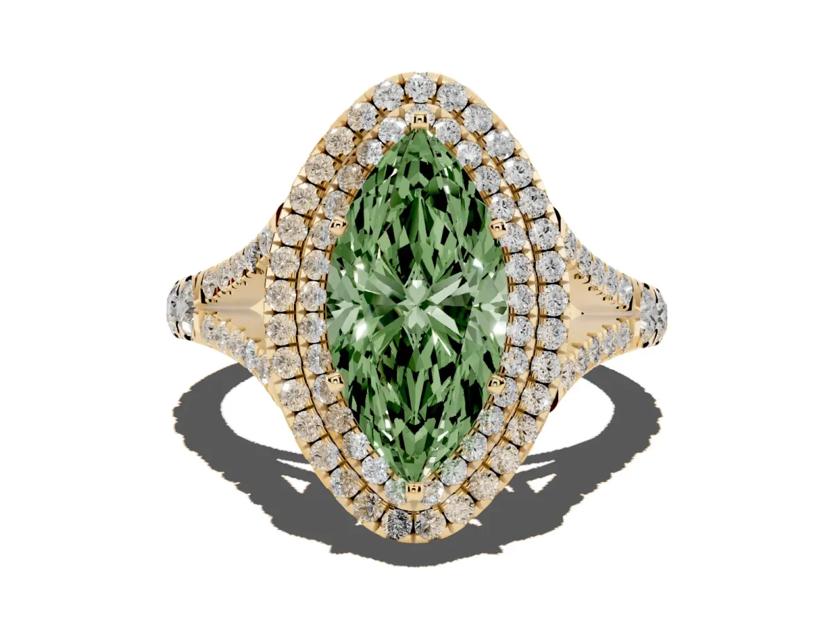 Fancy Green Double Halo Marquise Cut Diamond Split Shank Engagement Ring with Four-Prong Setting Yellow gold