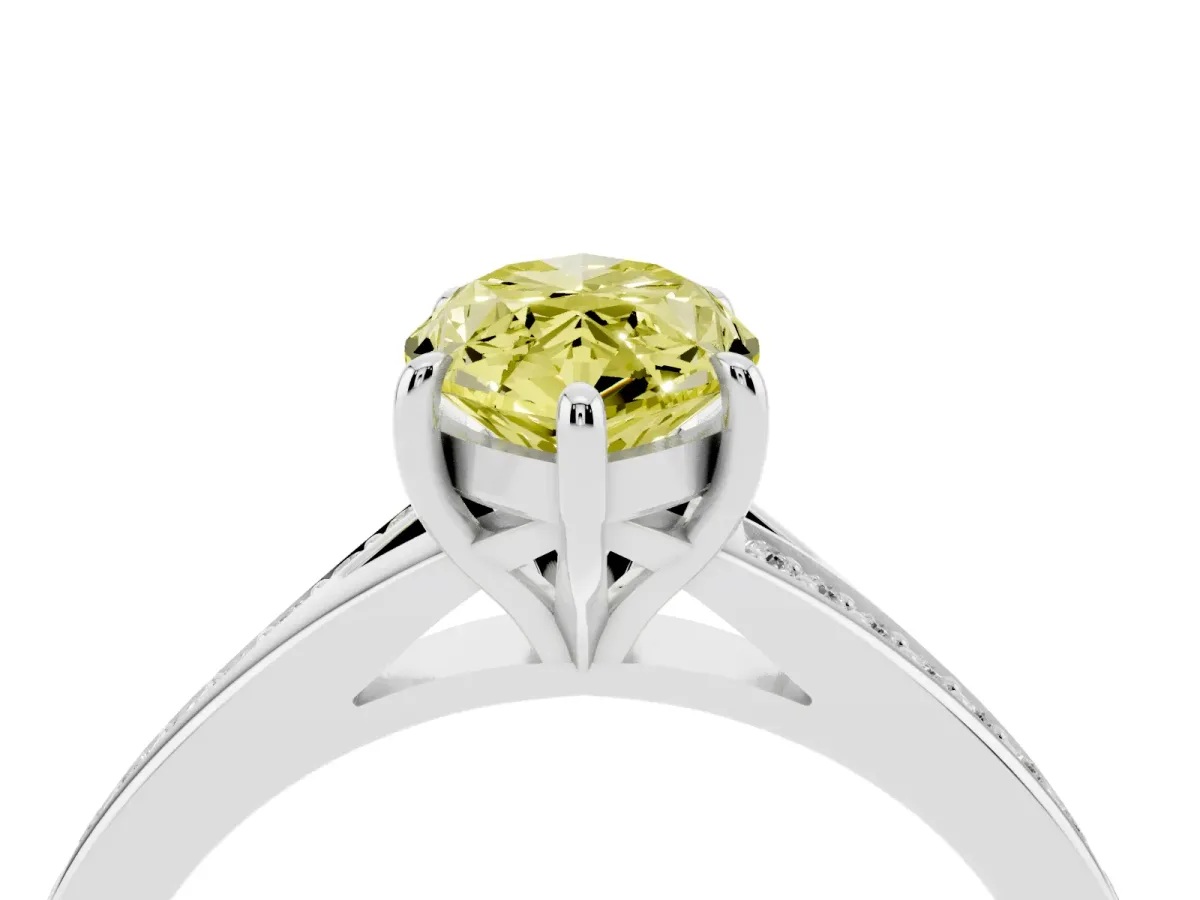 Fancy Yellow Marquise Cut Diamond Solitaire Ring with Pavé Band and Prong Setting Silver
