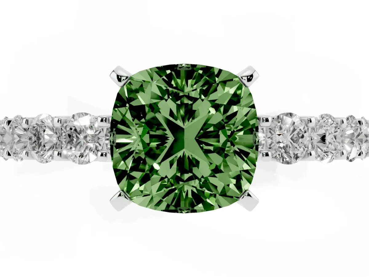 Fancy Green Cushion Cut Diamond Solitaire Ring with Shared Prong Pavé Band and Four-Prong Setting Silver