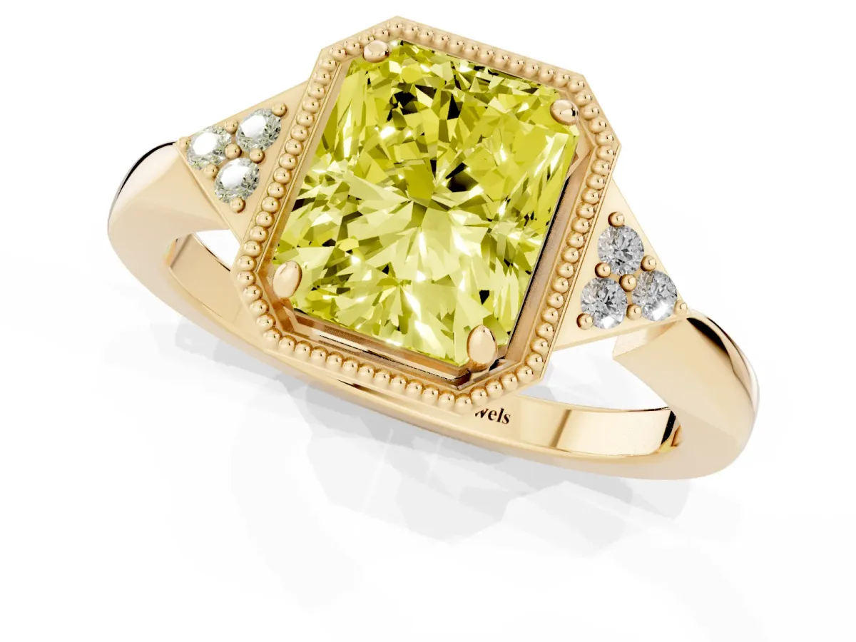 Fancy Yellow Hexagonal Halo Radiant Cut Diamond Solitaire with Pavé Band and Four-Prong Setting Yellow gold