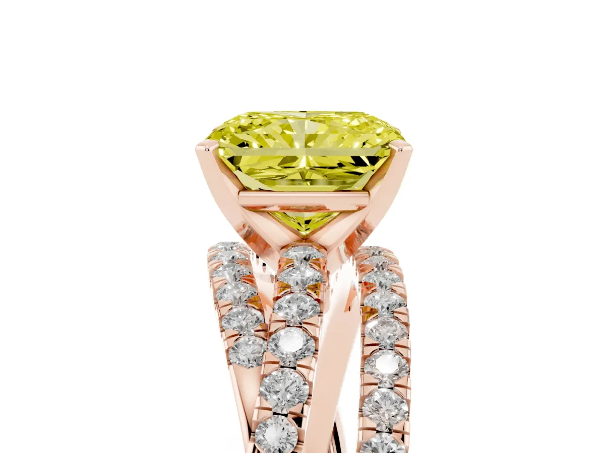Fancy Yellow Radiant Cut Solitaire Twist Band with Pavé Setting and Four-Prong Setting Rose gold