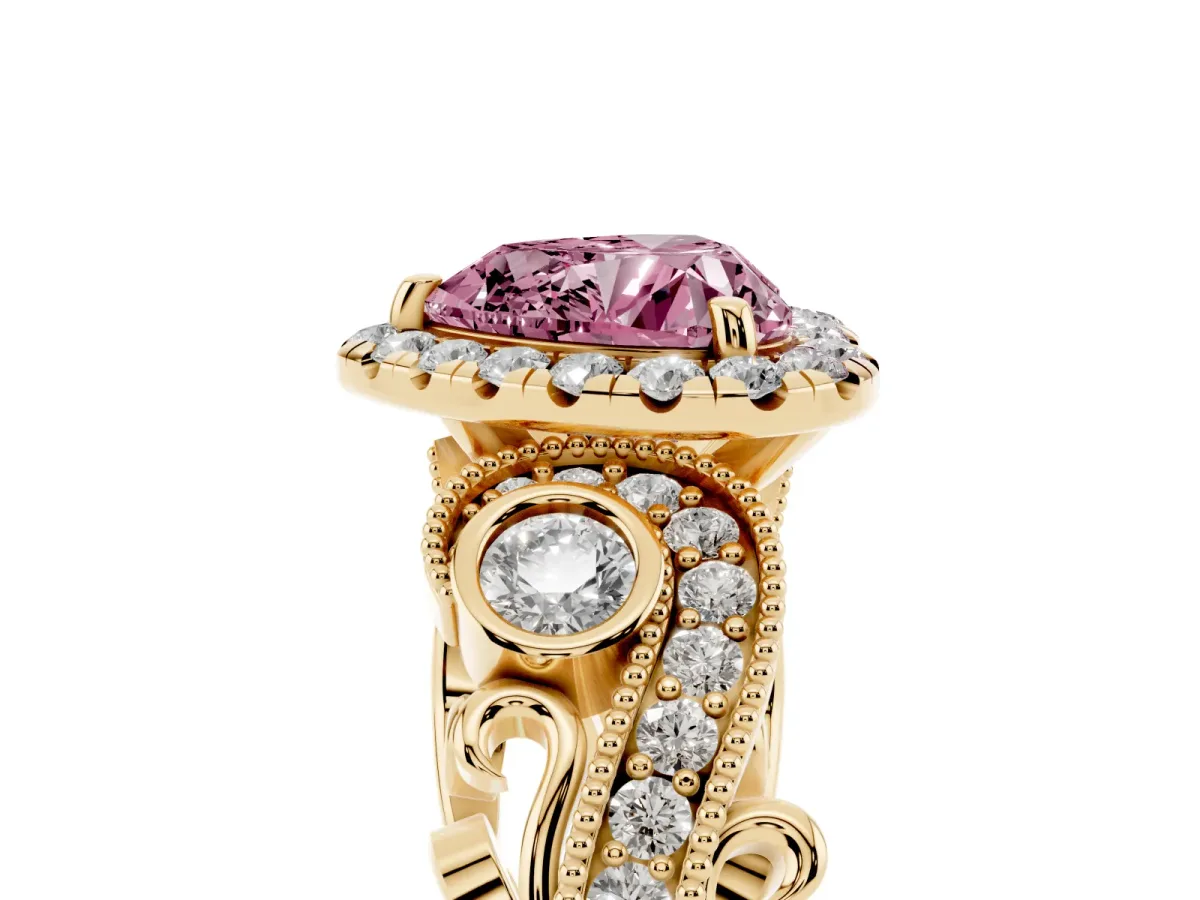 Fancy Pink Heart Cut Diamond Halo Ring with Milgrain Pavé Band and Four-Prong Setting Yellow gold