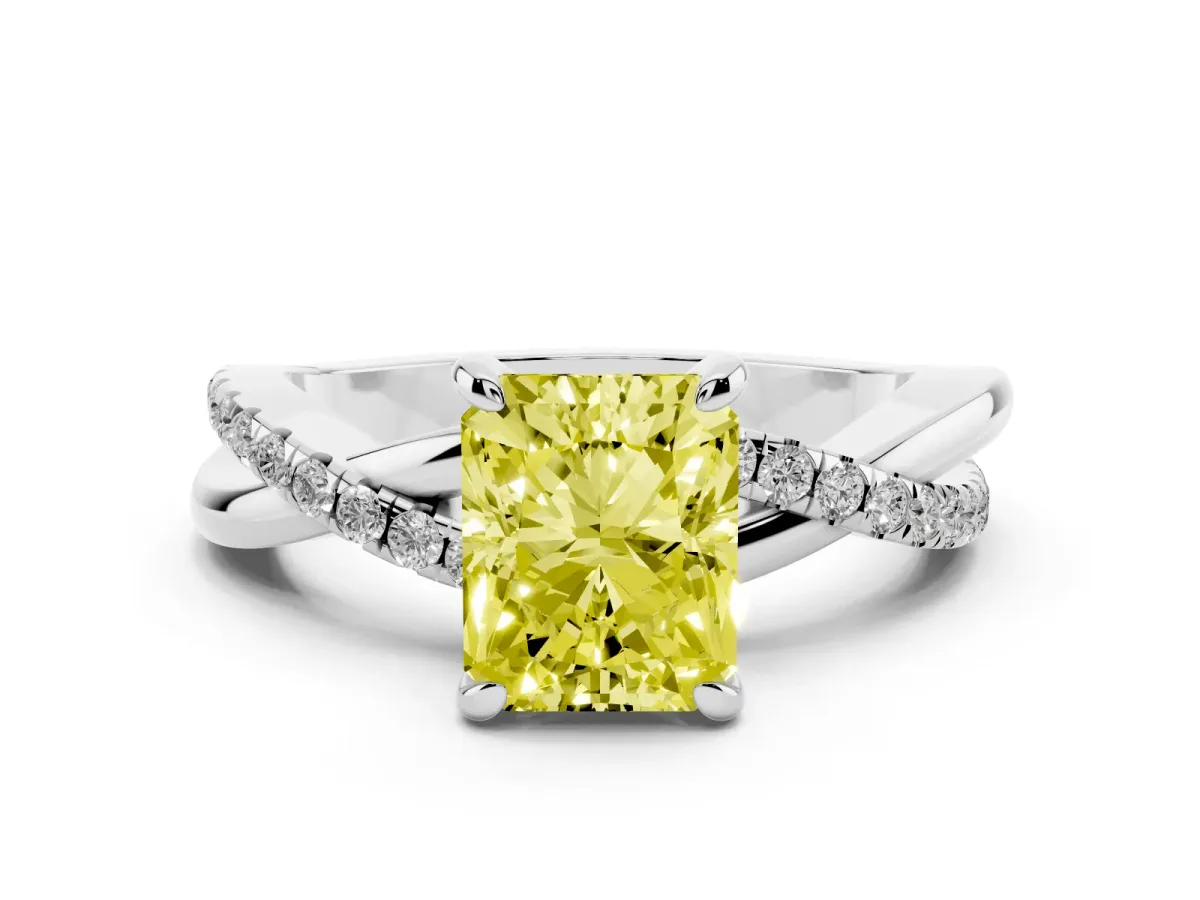 Fancy Yellow Radiant Cut Cut Diamond Twist Band Solitaire with Prong Setting Silver