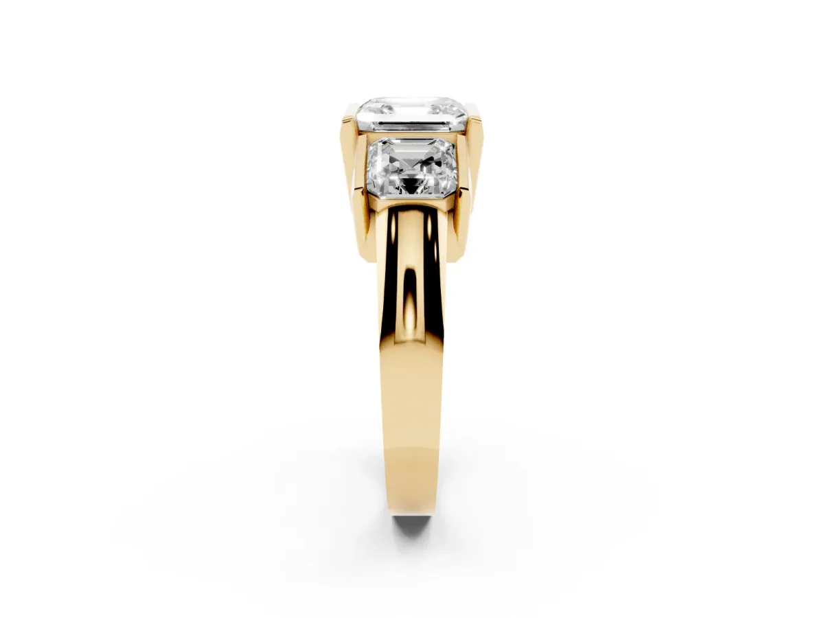 Three Stone Asscher Cut Cut Channel Set Diamond Ring Yellow gold