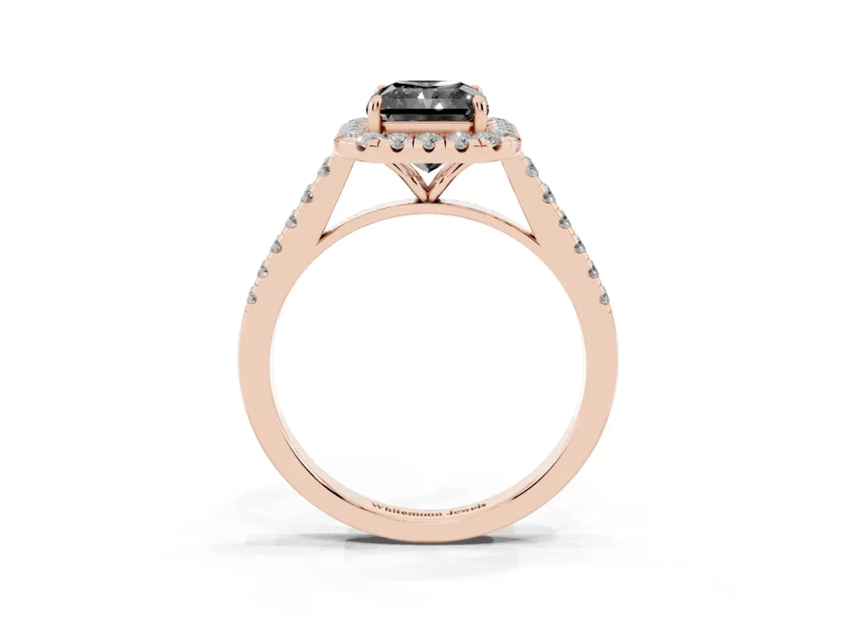 Fancy Black Radiant Cut Halo Pave Diamond Engagement Ring with Four-Prong Setting Rose gold