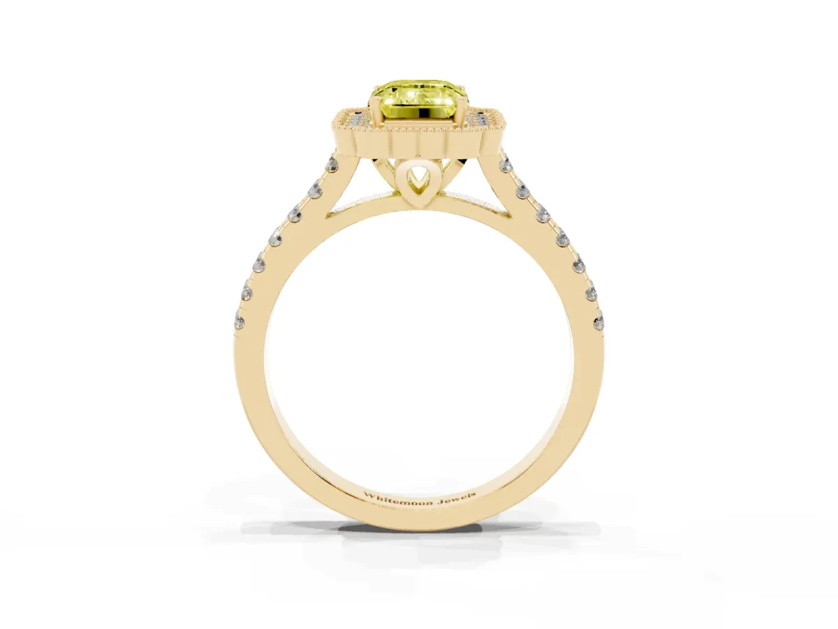 Fancy Yellow Emerald Cut Cut Diamond Milgrain Floral Halo Engagement Ring with Pavé Band Yellow gold
