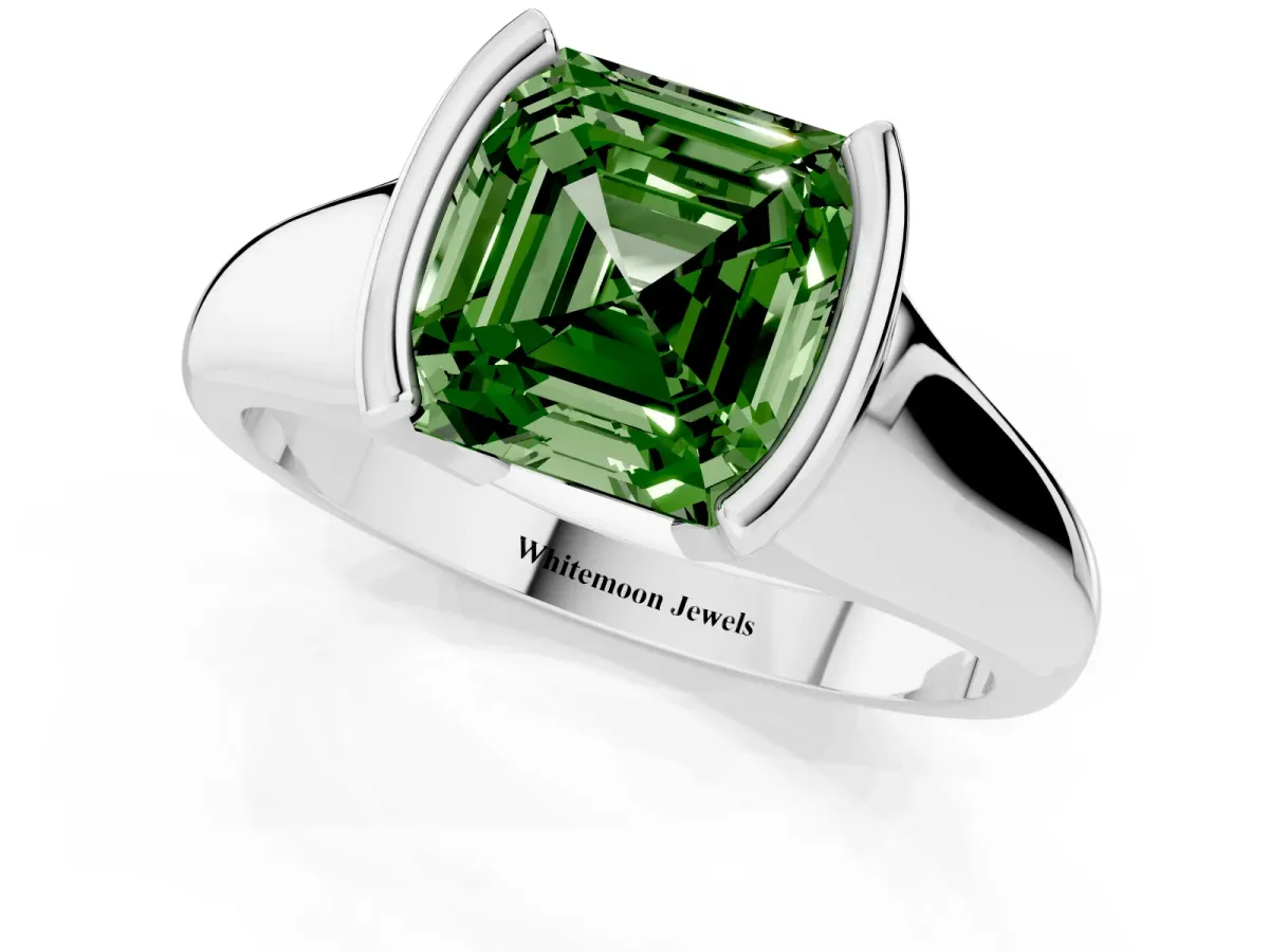 Fancy Green Asscher Cut Solitaire Tension Set Diamond Ring with Split Shank Band Silver
