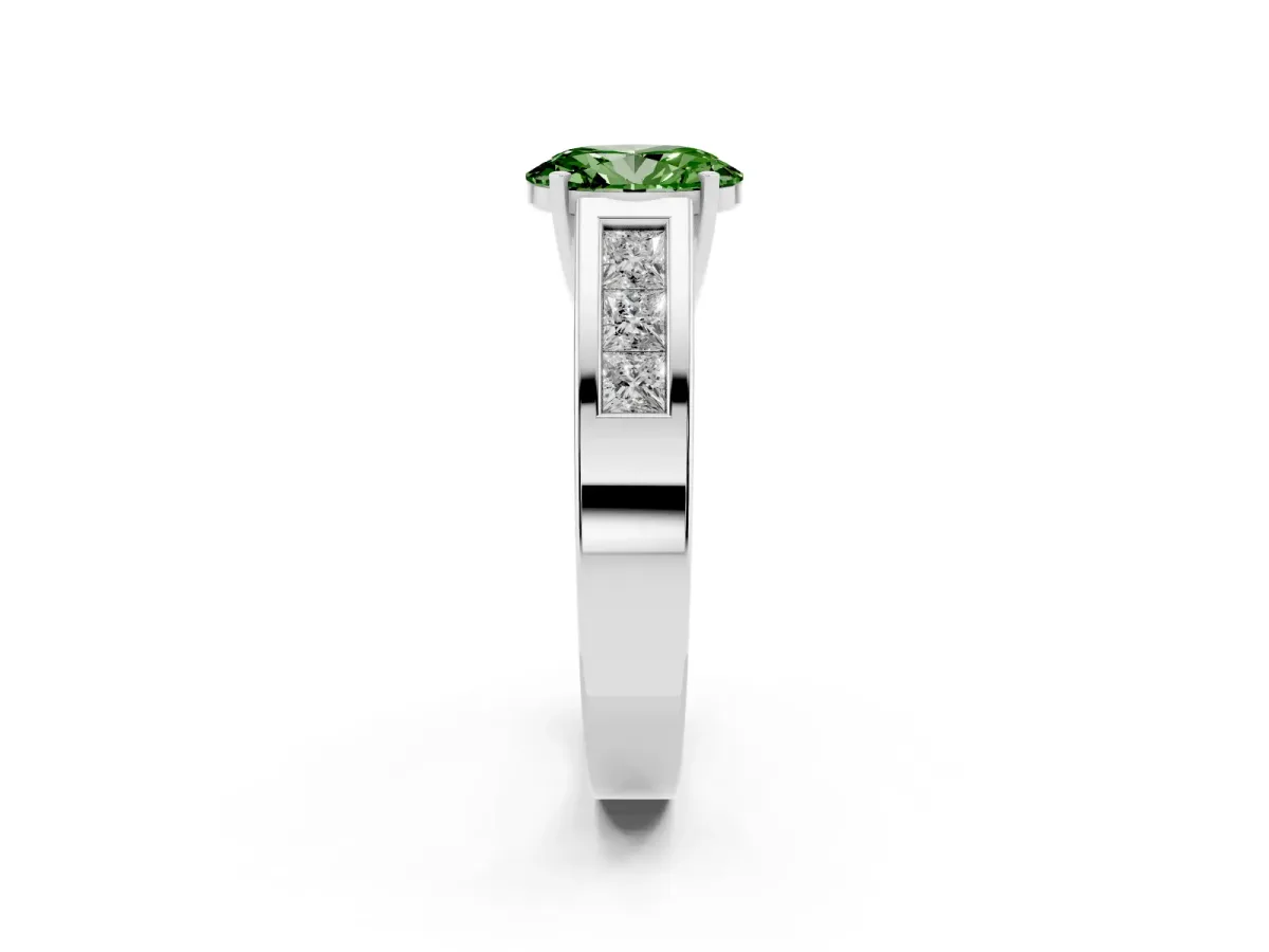 Fancy Green Oval Cut Cut Channel Set Solitaire Ring with Four-Prong Setting Silver
