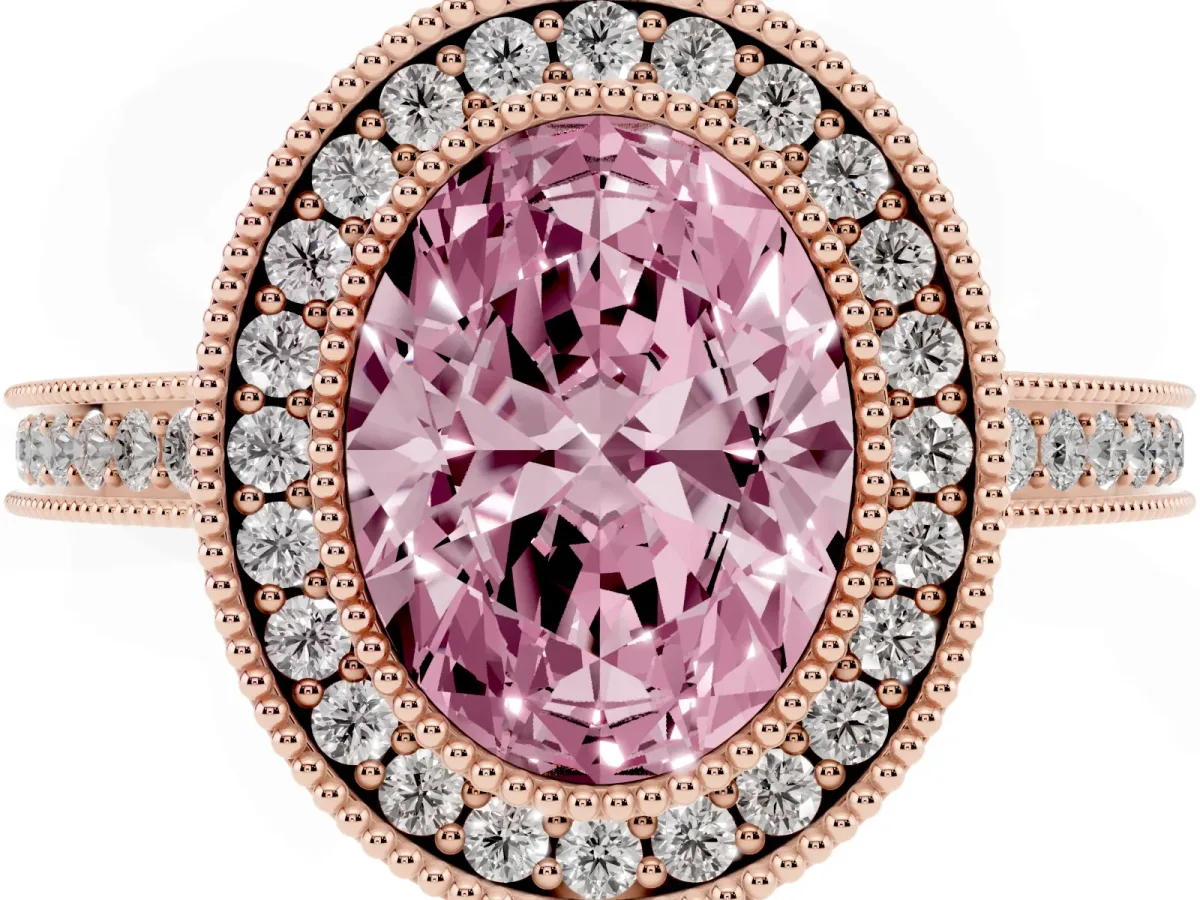 Fancy Pink Oval Cut Cut Halo Diamond Ring with Pavé Band and Milgrain Prong Setting Rose gold