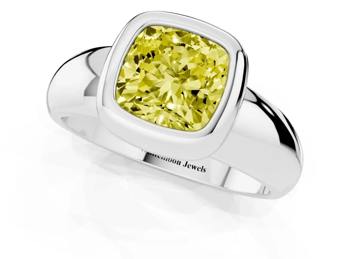 Fancy Yellow Bezel Set Cushion Cut Solitaire Ring with Wide Band Platinum
