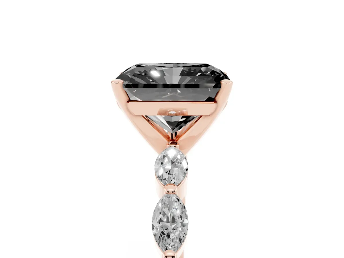 Fancy Black Radiant Cut Diamond Ring with Marquise Side Stones and Prong Setting Rose gold