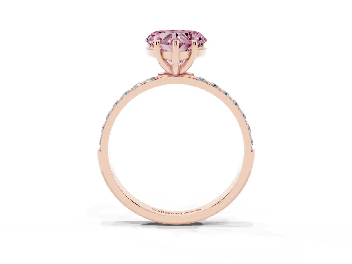 Fancy Pink Heart Cut Diamond Solitaire Ring with Round Pavé Shoulders and Prong Setting Rose gold
