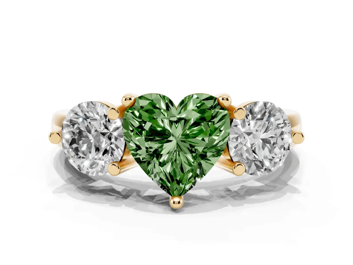 Fancy Green Three-Stone Heart Cut Brilliant Cut Solitaire Ring with Prong Setting on a Classic Band Yellow gold