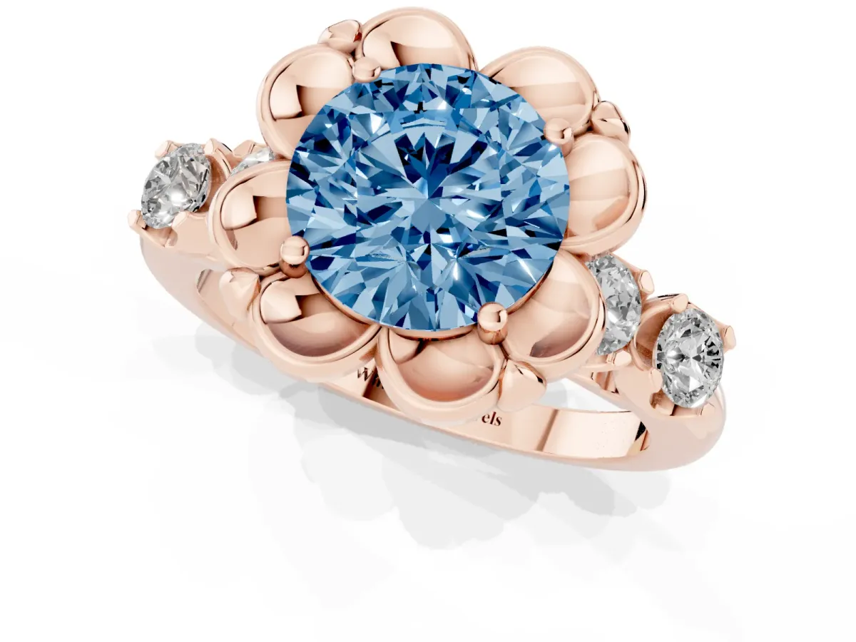 Fancy Blue Round Cut Cut Diamond Floral Halo Engagement Ring with Shared Prong Setting Rose gold