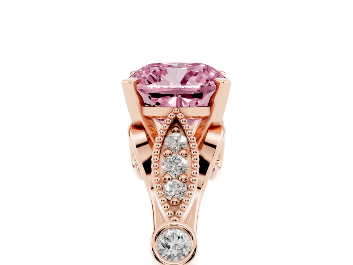 Fancy Pink Cushion Cut Cut Diamond with Milgrain Marquise and Bezel Accents on a Solitaire Band with Prong Setting Rose gold