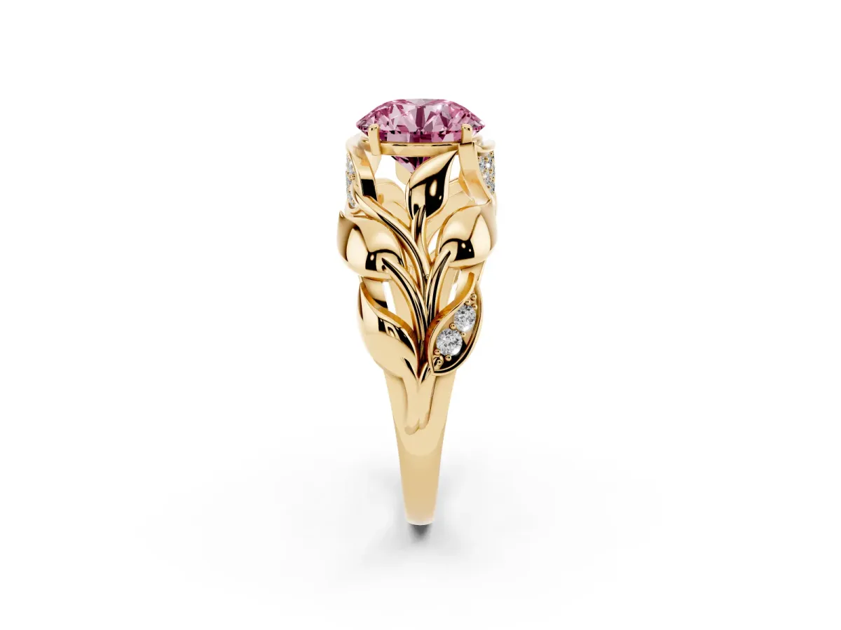 Fancy Pink Round Cut Diamond Leaf-Inspired Engagement Ring with Round Accents and Prong Setting Yellow gold