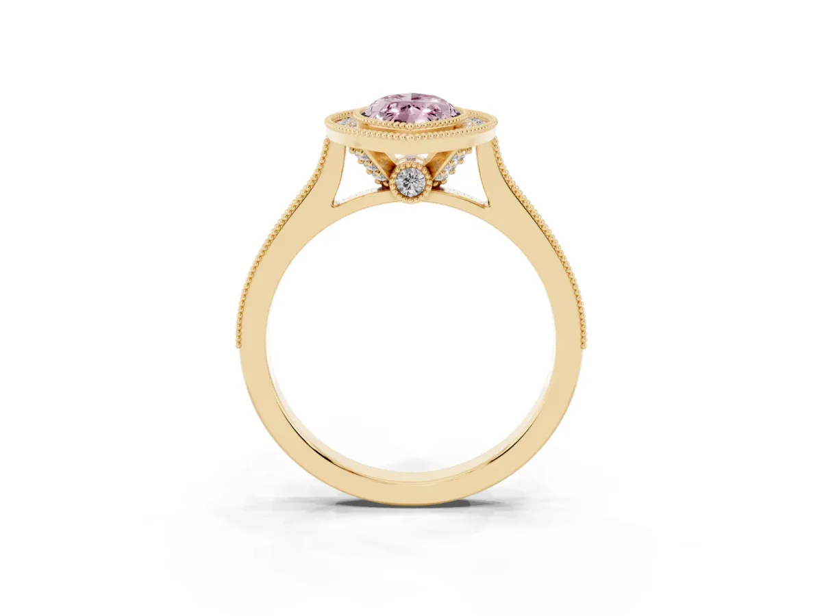 Fancy Pink Halo Marquise Cut-Cut Diamond Pave Band Milgrain Prong Setting Ring Yellow gold