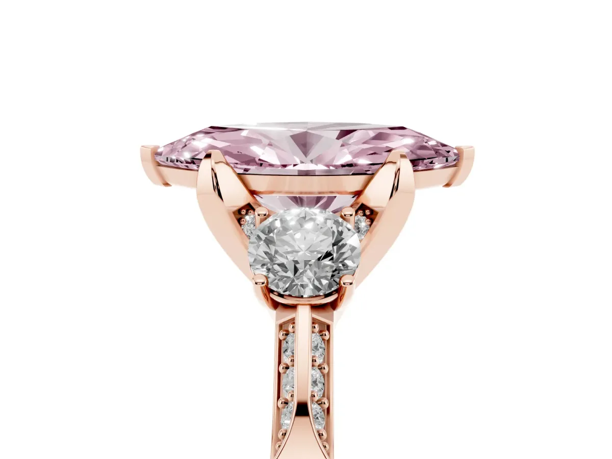 Fancy Pink Marquise Cut Brilliant Three-Stone Diamond Ring with Pavé Band and Four-Prong Setting Rose gold