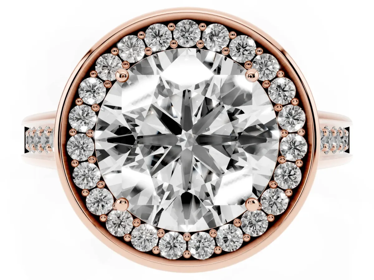 Round Cut Halo Solitaire Diamond Ring with Pave Band and Bezel Setting Rose gold