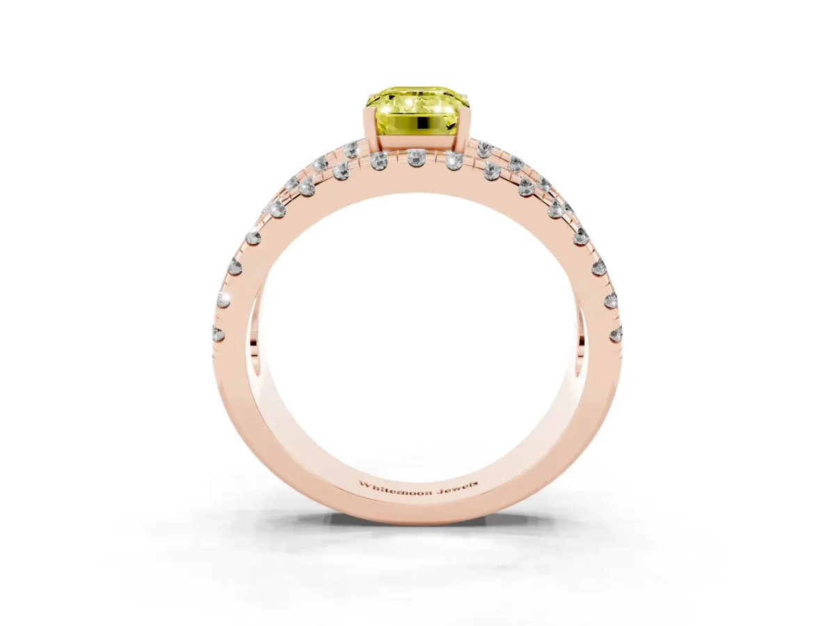 Fancy Yellow Emerald Cut Solitaire Split Shank Pave Diamond Ring Rose gold