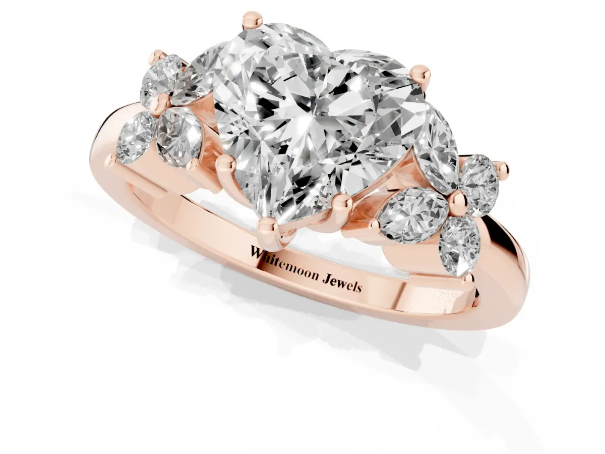 Heart Cut Diamond Floral Cluster Ring with Solitaire Band and Prong Setting Rose gold