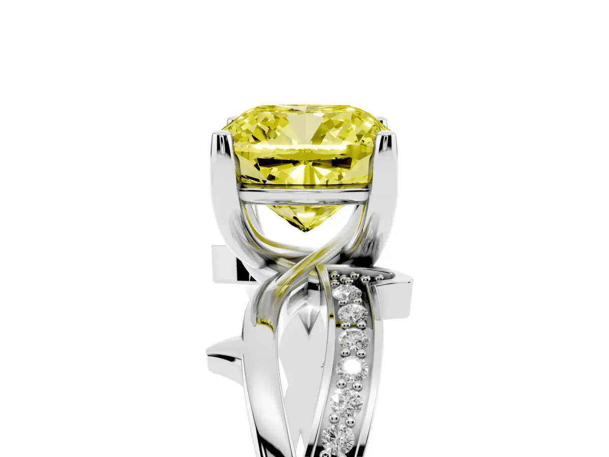 Fancy Yellow Cushion Cut Solitaire Twist Band with Pavé Accents and Four-Prong Setting Platinum